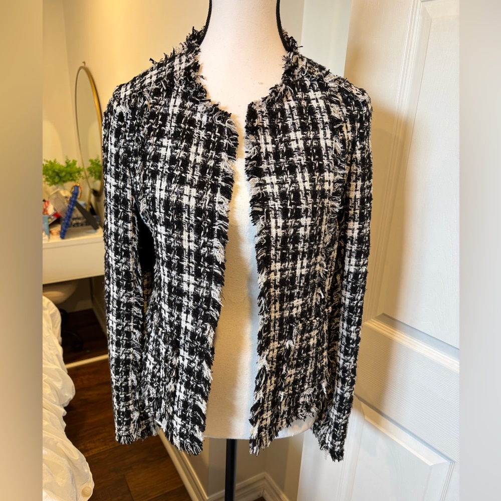 Black White Tweed Fringe Jacket M Boucle Open Front Blazer